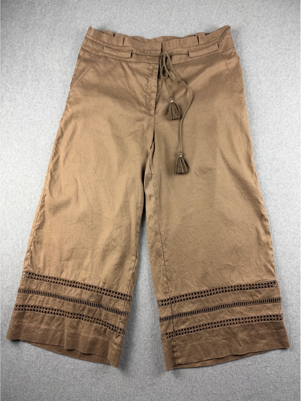 White House Black Market 14 Linen Wide Leg Crop Pants Brown Tassel Cutout
